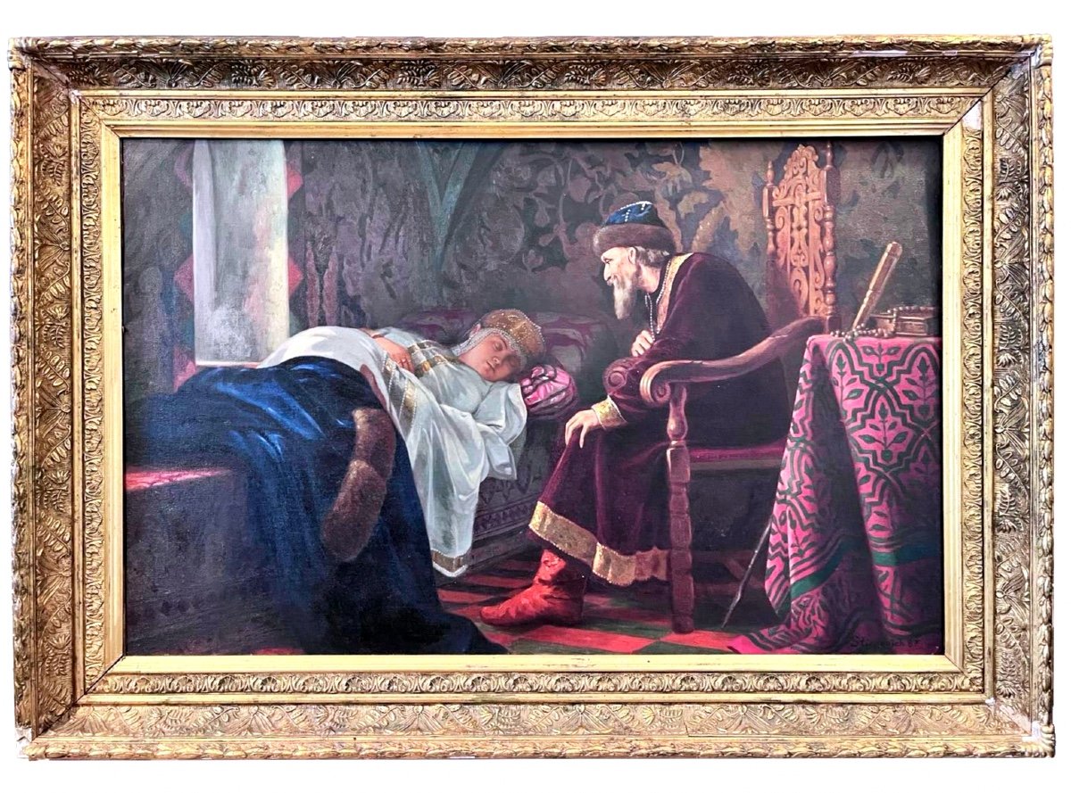 Antique Russian Painting Oil On Canvas, Tsar Ivan The Terrible Admiring Vasilisa Melentieva