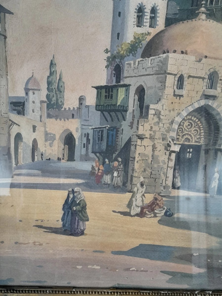 Antique Orientalist Painting Depicts Square View With Mosque And People-photo-2