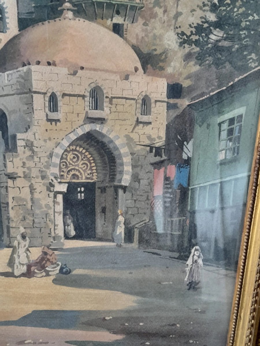 Antique Orientalist Painting Depicts Square View With Mosque And People-photo-3