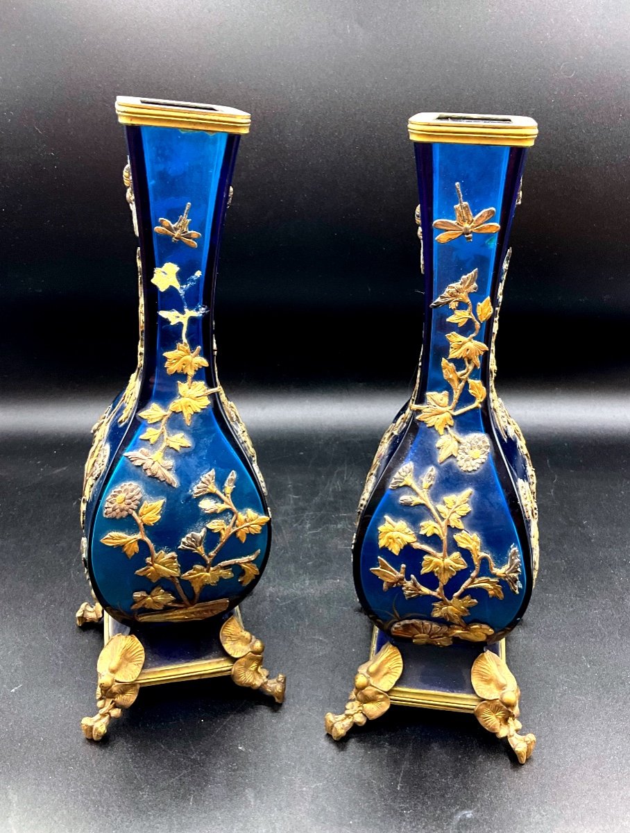 Paire De Vases En Verre Bleu  Signés Alphonse Giroux Paris, XIXème. Influence Japonaise-photo-6