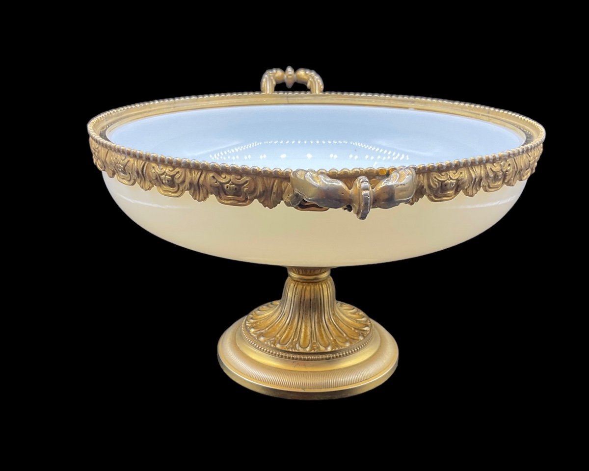 Grand Tazza En Verre Opalin Avec Monture En Bronze, Lourd. Centre De Table Opaline Pour Fruits-photo-3