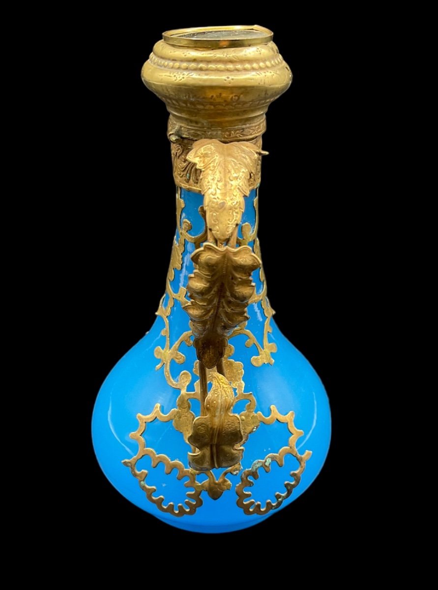 Antique French Opaline Blue Glass Ewer Bronze Mounted With Miniature On A Lid,epoque Napoleon -photo-6