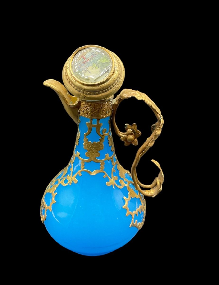 Antique French Opaline Blue Glass Ewer Bronze Mounted With Miniature On A Lid,epoque Napoleon 