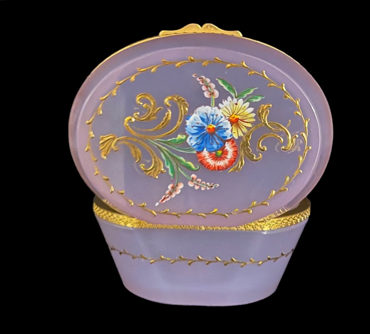 Wonderful Old Opaline Glass Casket Box Hand Painted Cover