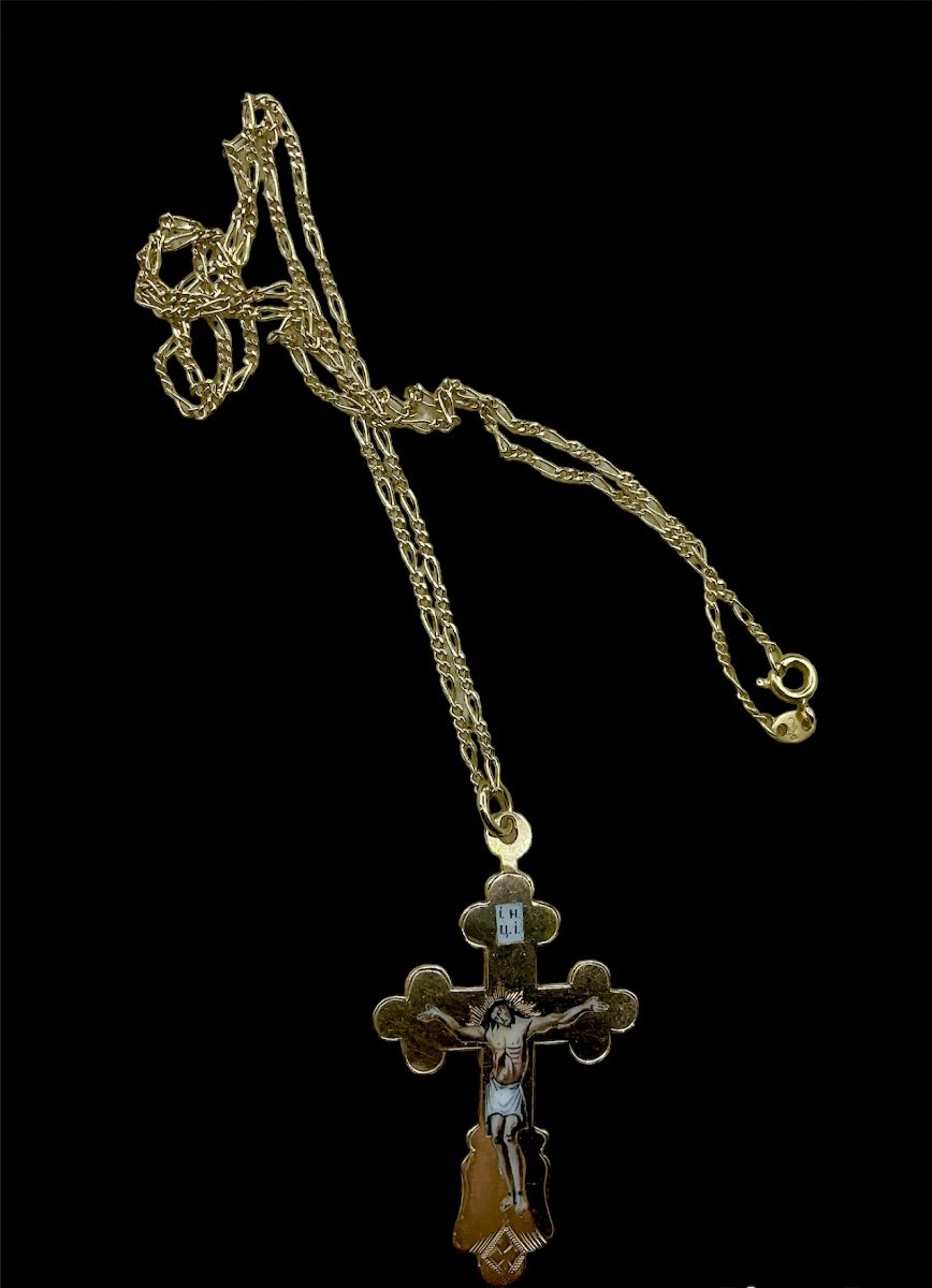 Russian Imperial Gold Enamel Cross Pendant,hallmark 56 With Kokoshnik And Inscribed Bless Save-photo-2