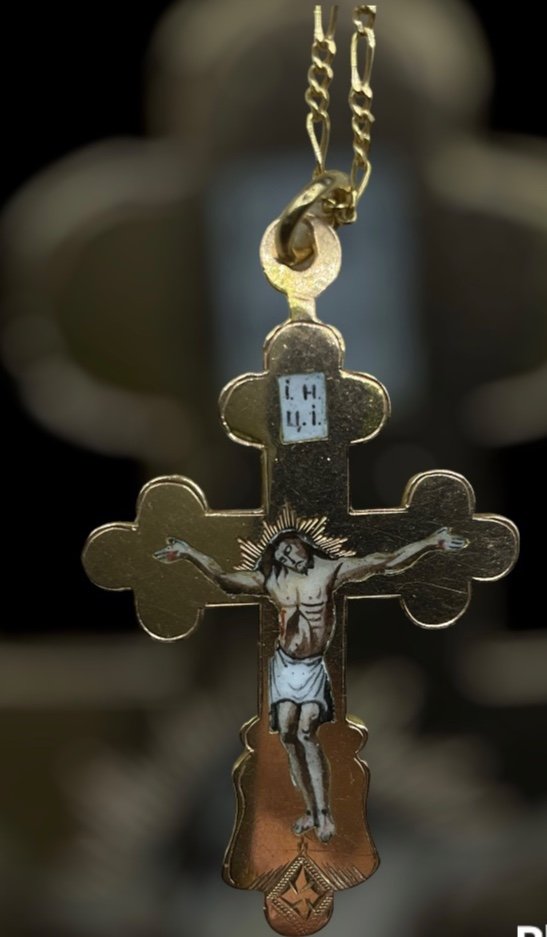 Russian Imperial Gold Enamel Cross Pendant,hallmark 56 With Kokoshnik And Inscribed Bless Save-photo-6