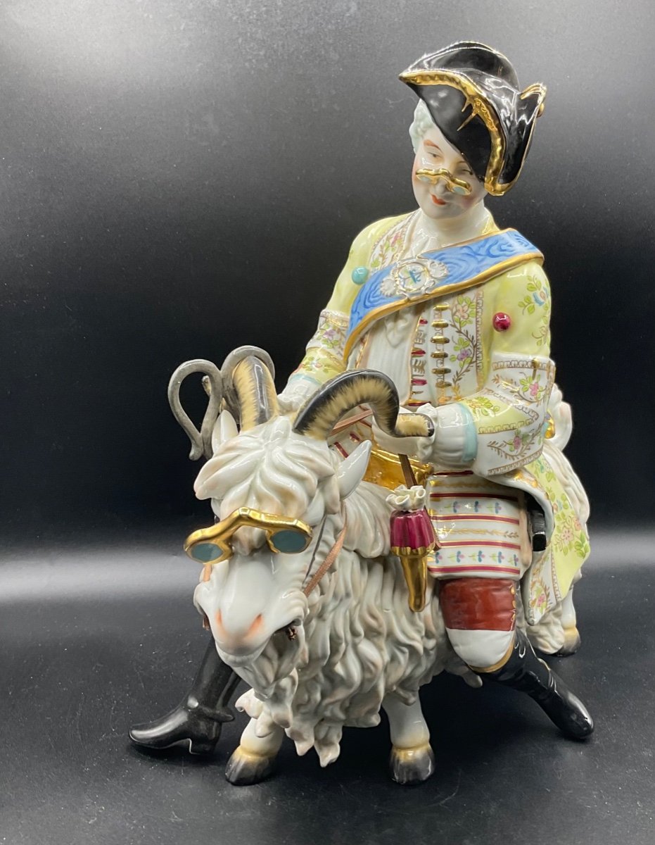 Fabulous Capodimonte Porcelain Group Of Count Bruhl''s "tailor On A Goat",huge