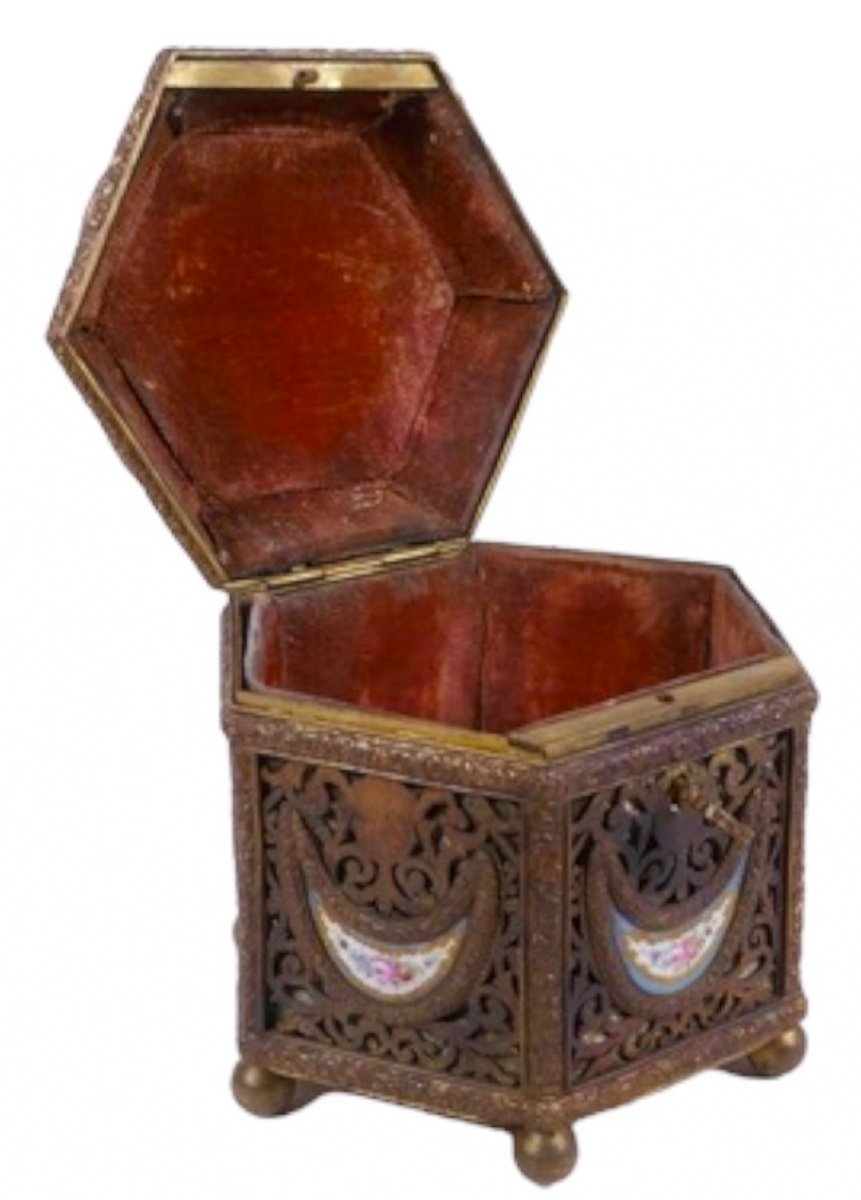 Antique French Casket With Porcelain Plaques,sevres Bronze Box With Plaques For Oriental Market-photo-3