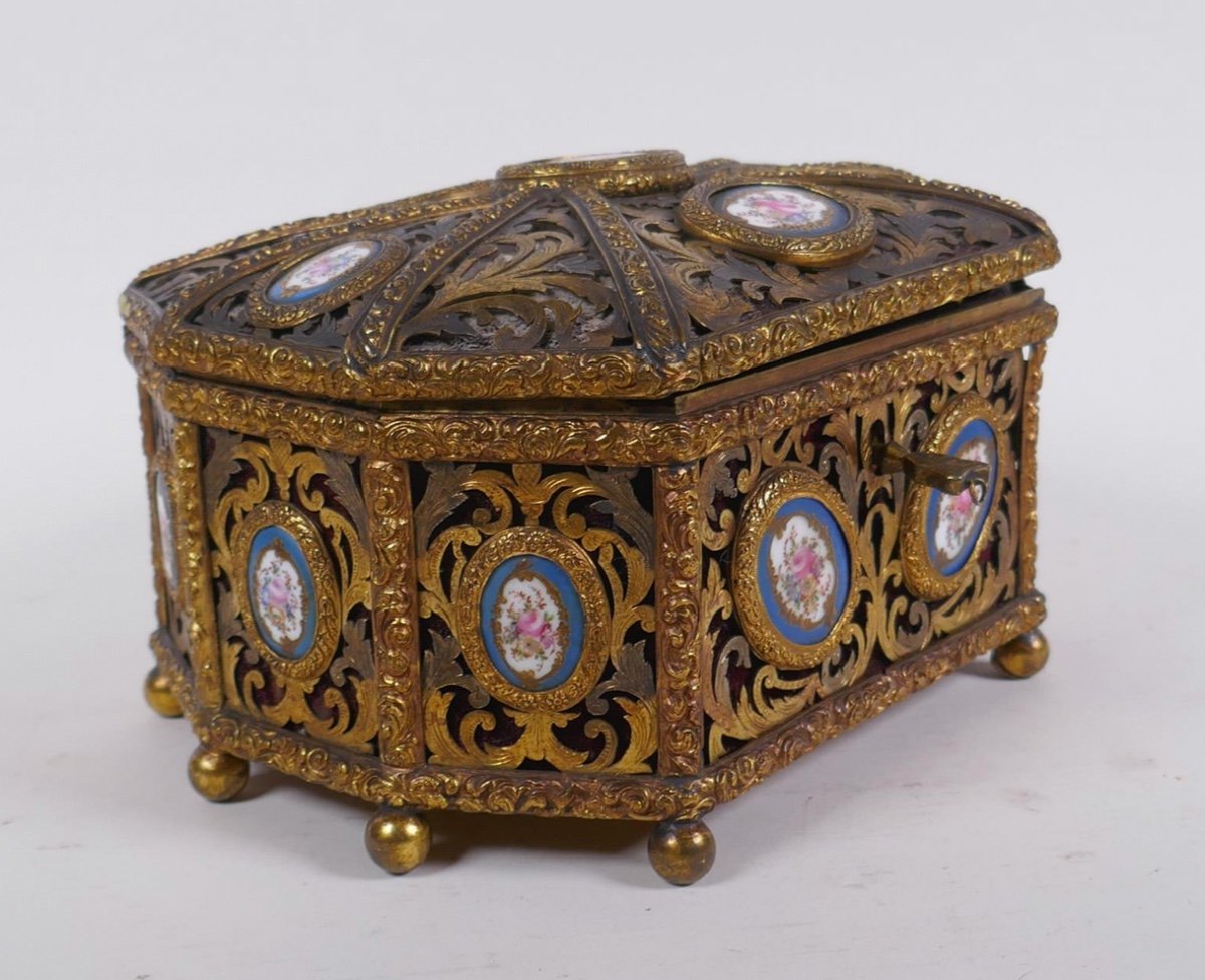 Antique Bronze Ormolu Casket With Sevres Porcelain Plaques -photo-1