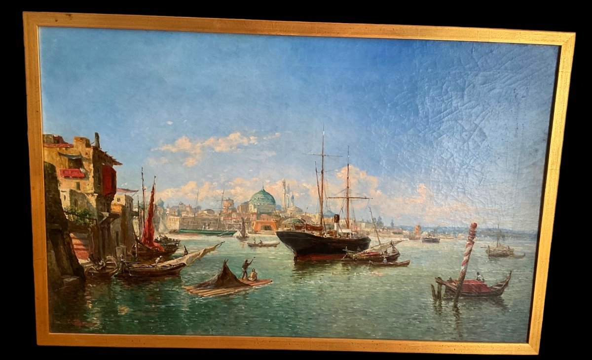 Antique Orientalist Painting By Fritz Carpentero” View Of Bosporus “-photo-2