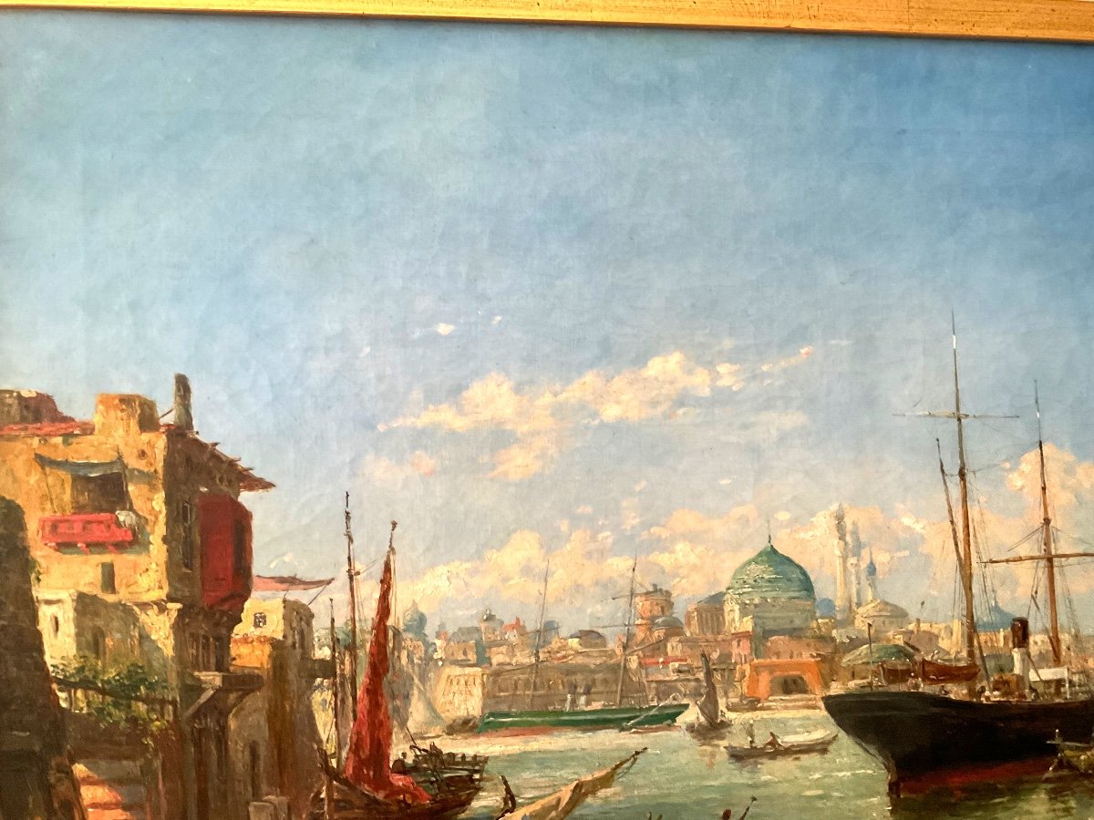 Antique Orientalist Painting By Fritz Carpentero” View Of Bosporus “-photo-3