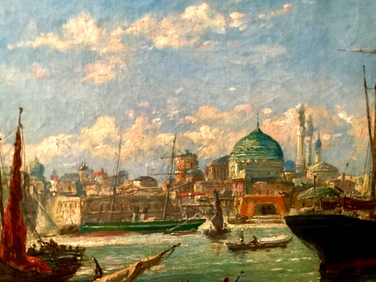 Antique Orientalist Painting By Fritz Carpentero” View Of Bosporus “-photo-4