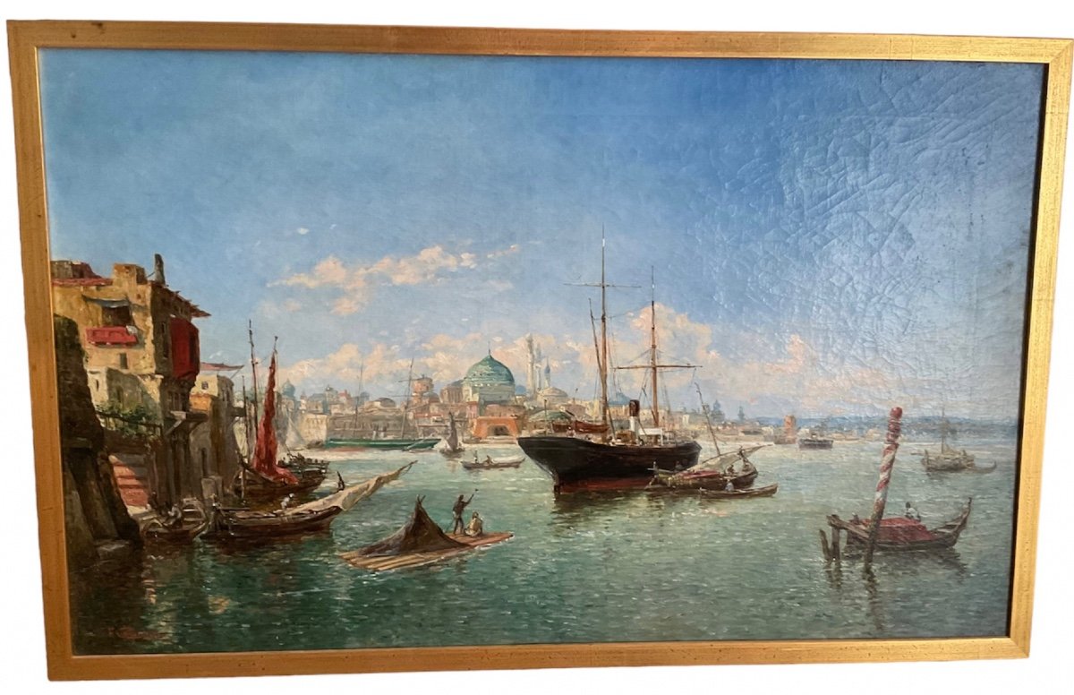 Antique Orientalist Painting By Fritz Carpentero” View Of Bosporus “