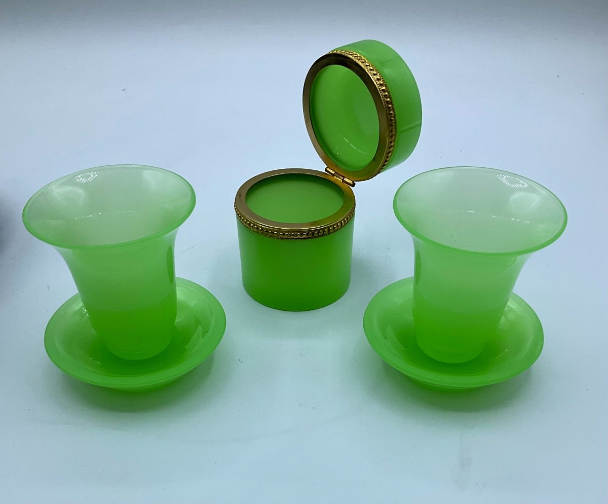 Antique French Opaline Glass Box And 2 Small Vases With Dishes In Lime Green