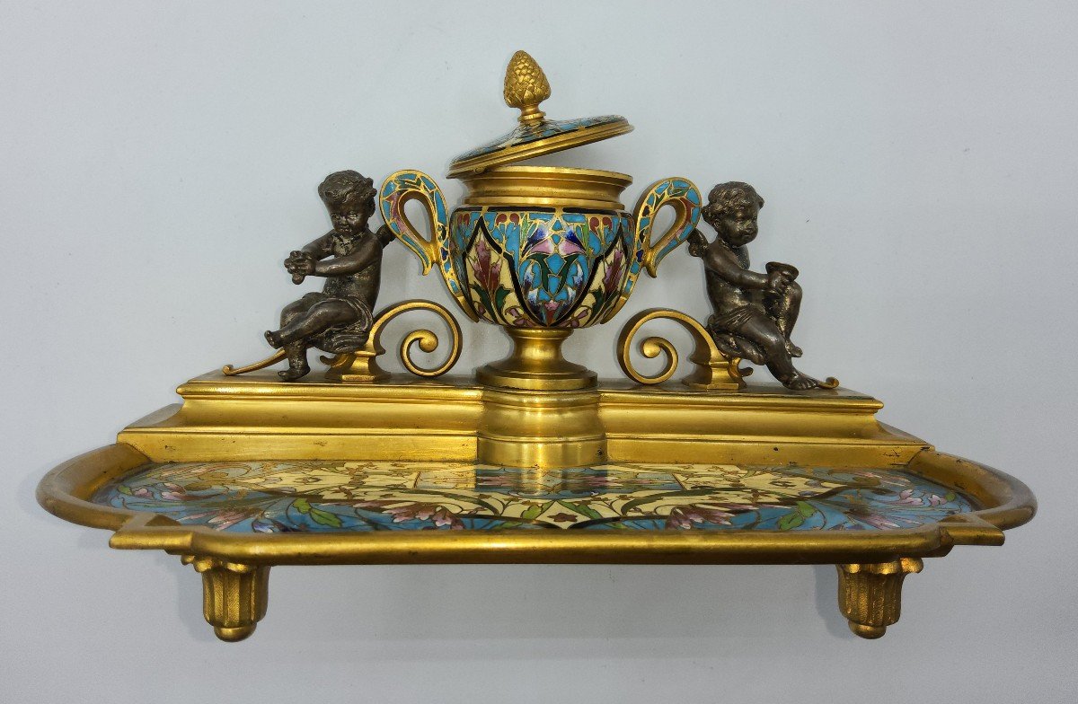 Encrier Français En Bronze émaillé Par Ferdinand Barbedienne,tres Rare-photo-2