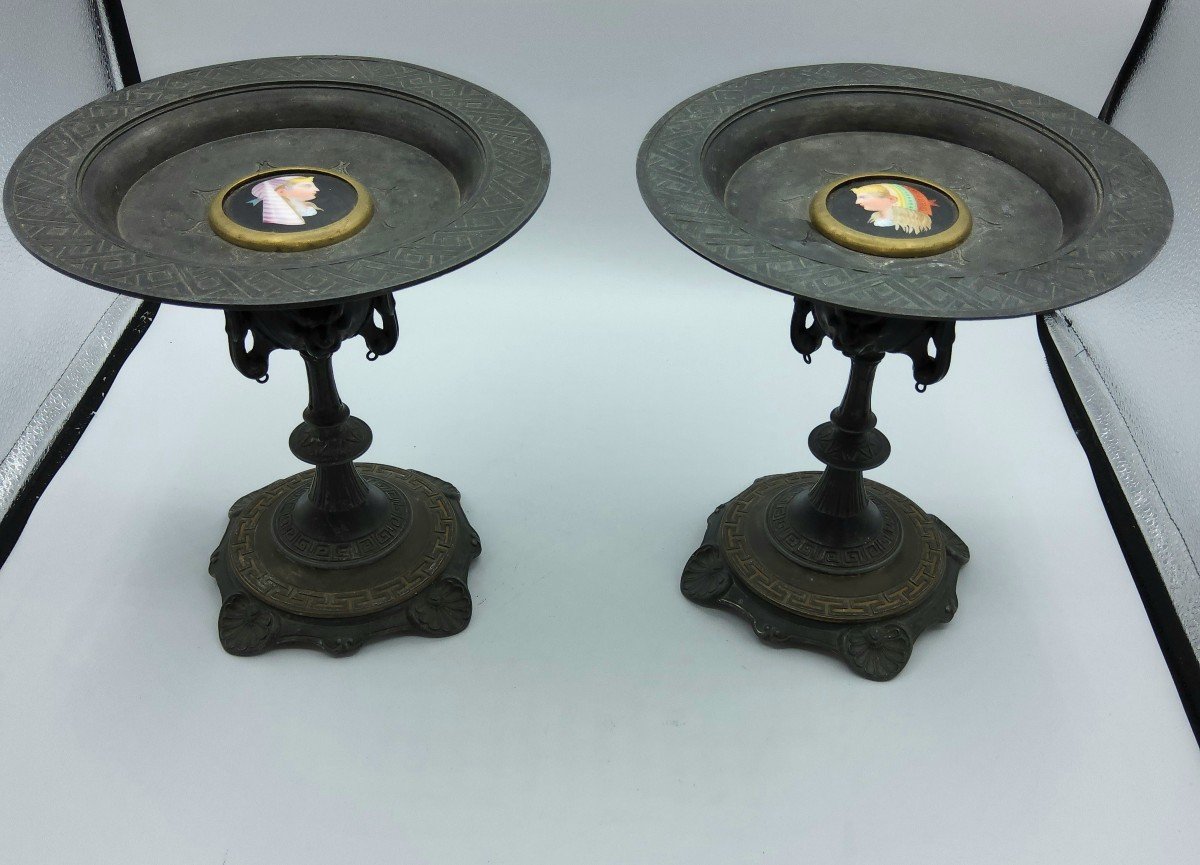 Pair Of Antique Bronze Tazza With Porcelain Plaques,grand Tour