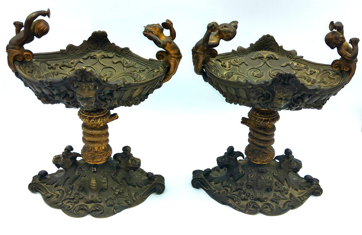 Pair Of Antique French Btonze Tazza By Henri Picard,marked