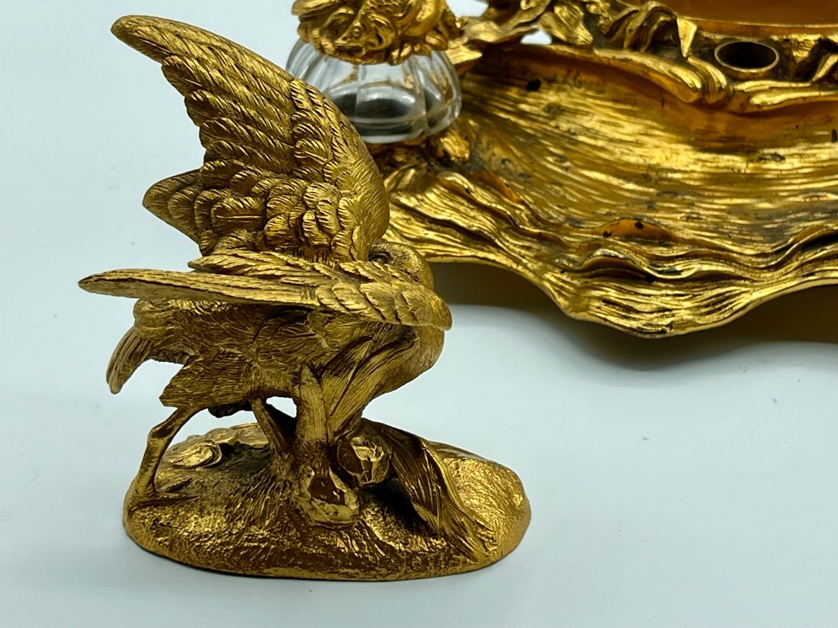 Extraordinaire Ancien Encrier En Bronze Avec Oiseaux Et écaille De Tortue, France-photo-8