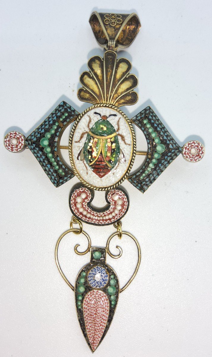 Ensemble Antique Mosaic Scarabee, Pendentif Médaillon Et Boucles d'Oreilles-photo-3
