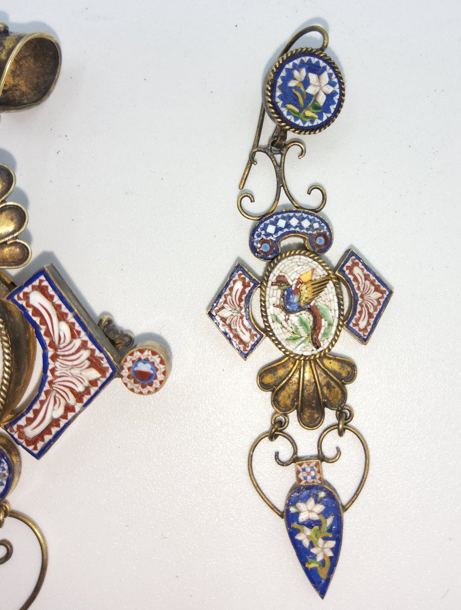 Wonderful Antique Micromosaic Set Of Pendant With Earrings -photo-4