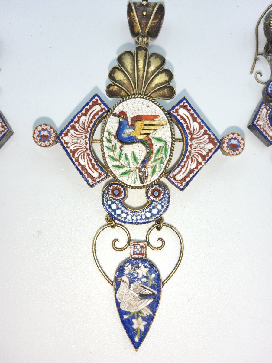 Mosaique Antique Avec Ensemble d'Oiseaux, Pendentif Médaillon Et Boucles d'Oreilles-photo-4