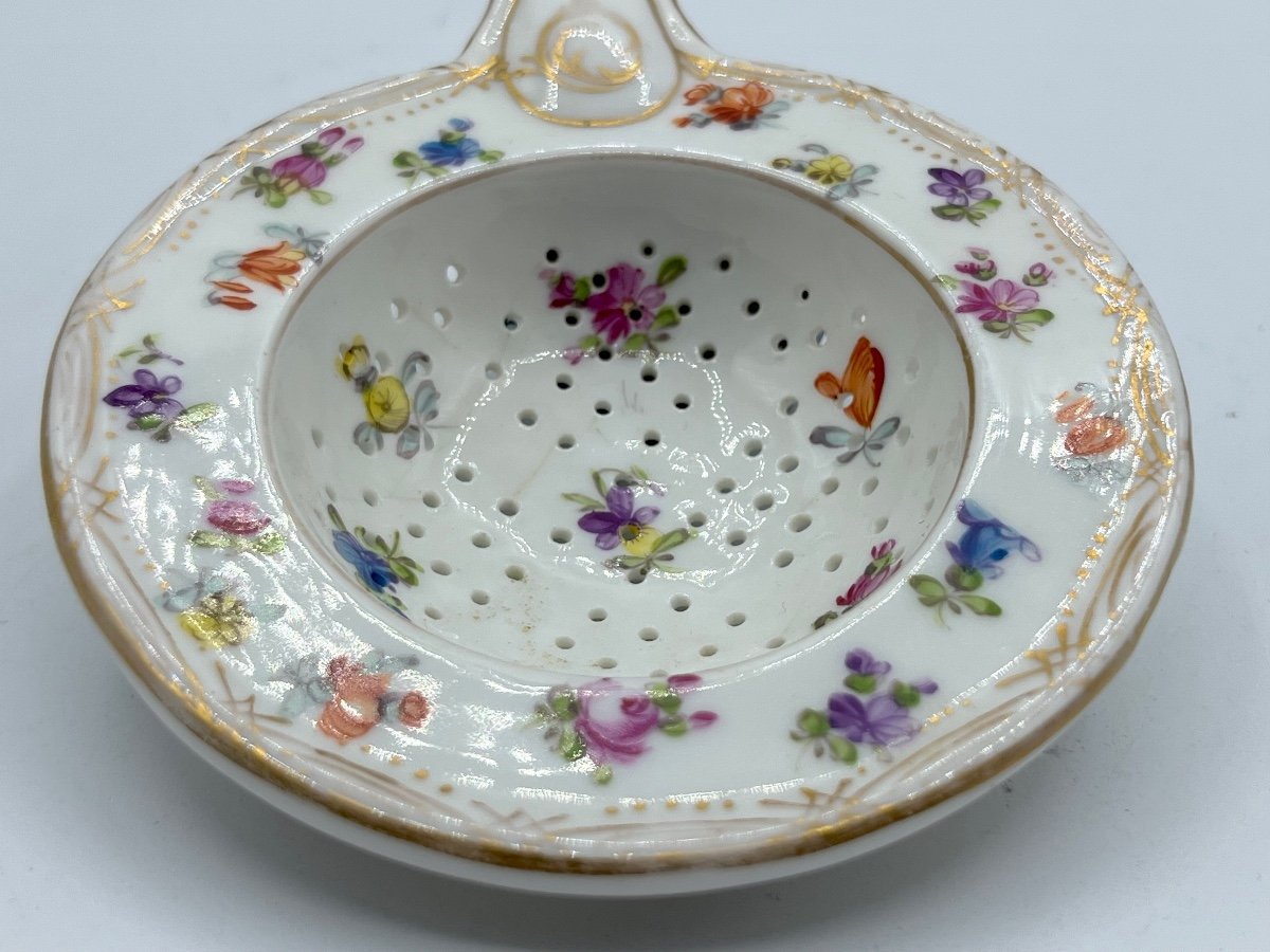 Passoire En Porcelaine De Dresde, Peinte De Fleurs, Vers 1900-photo-3