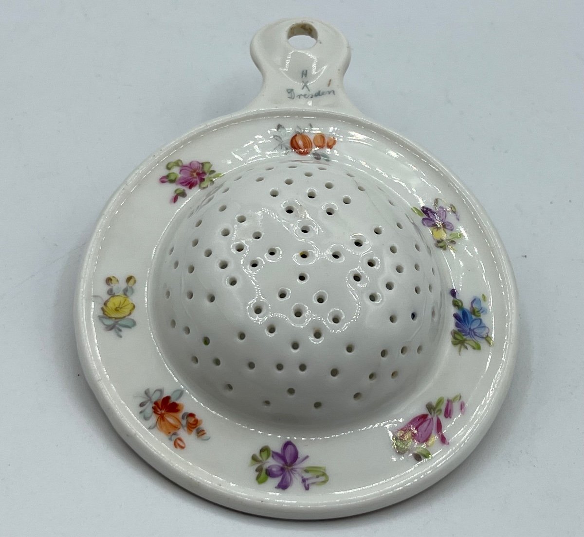 Passoire En Porcelaine De Dresde, Peinte De Fleurs, Vers 1900-photo-3