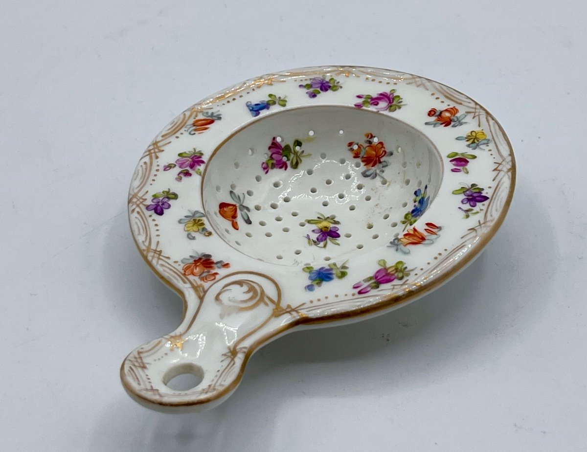 Passoire En Porcelaine De Dresde, Peinte De Fleurs, Vers 1900-photo-5