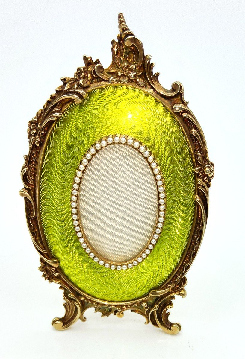 Faberge Russian Silver Gold Plated Guilloche Enamel Photo Frame, Mint Green Enamel With Pearls-photo-2