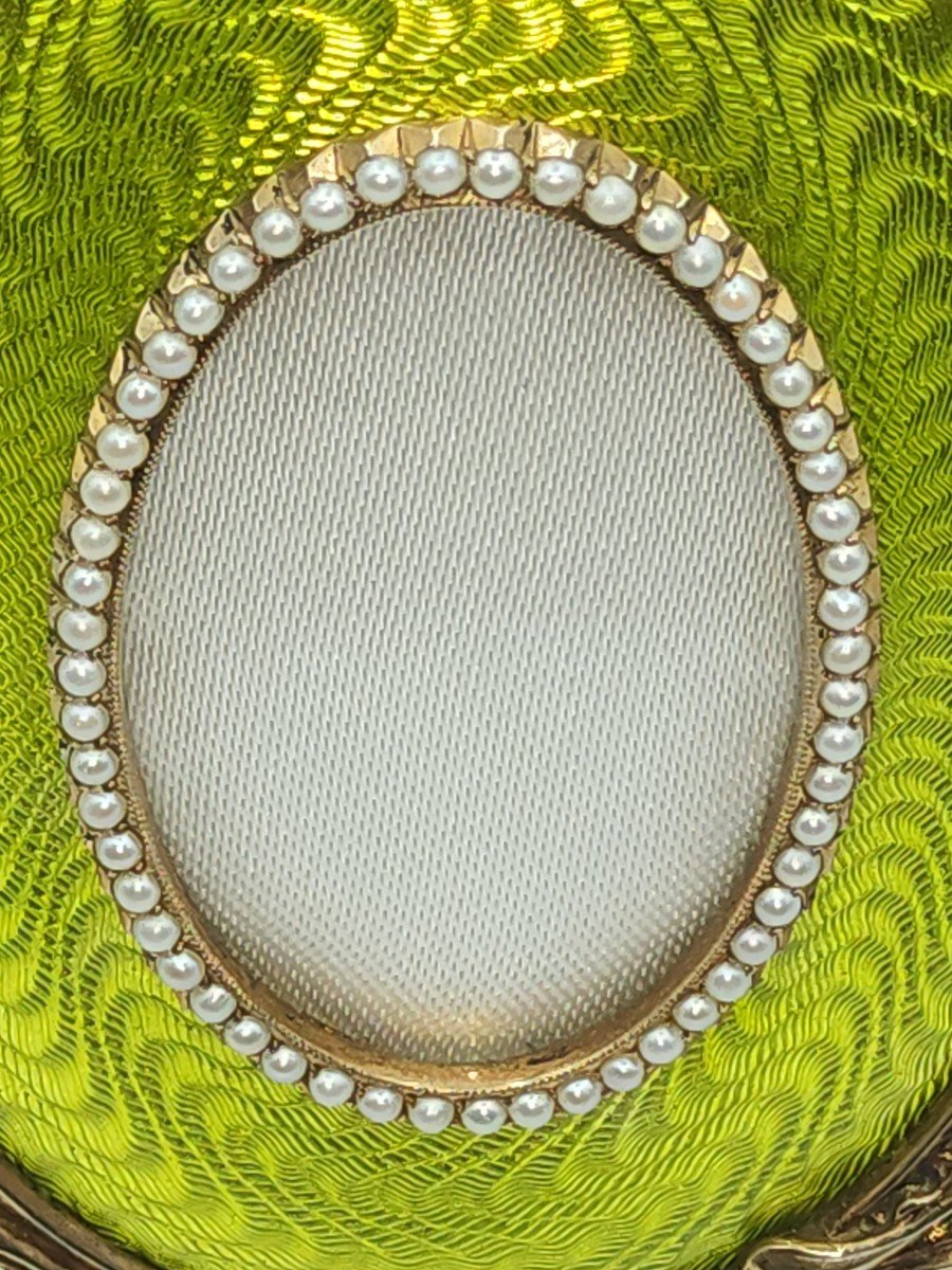 Faberge Cadre Photo En émail Guilloché Plaqué Or Argent Russe, émail Vert Menthe Avec Perles-photo-6