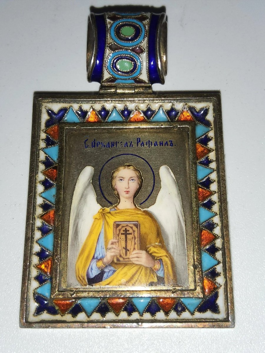 Pendentif Icône Exclusif En Argent Impérial Russe En Plein émail De Saint-archange Raphaël.