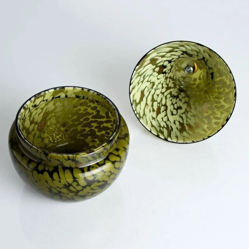 Murano Glass Pear Shaped Covered Bowl Cenedese Glass In Khaki Green-photo-3