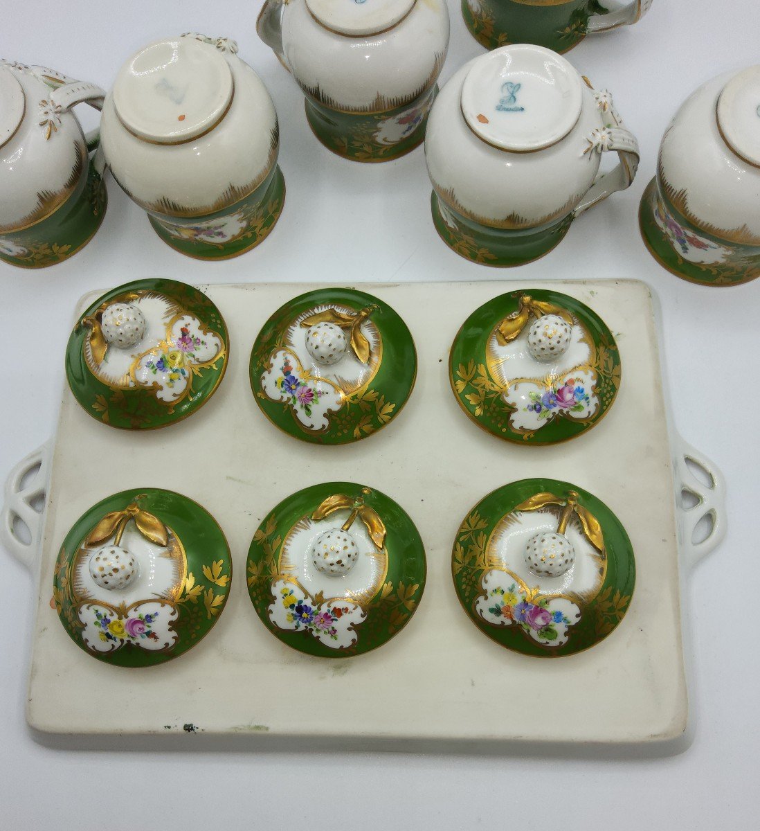 Tasses à Chocolat En Porcelaine De Dresde Du XIXe Siècle Avec Ensemble Couvert De 6 Avecplateau-photo-6