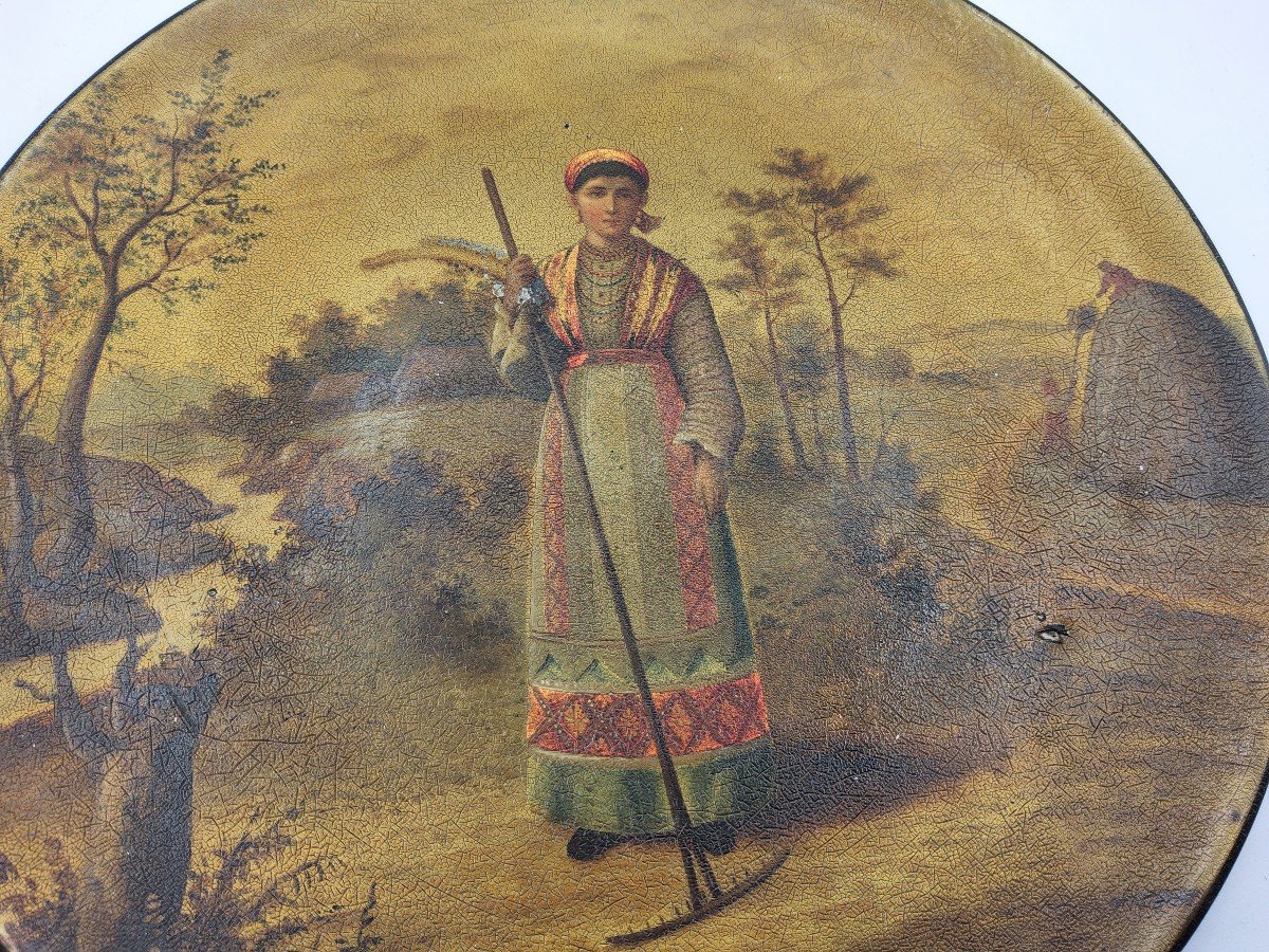 XIX Century Russian Lacquer Vyshniakov Plate Depicts Female In A Traditional Dress-photo-4