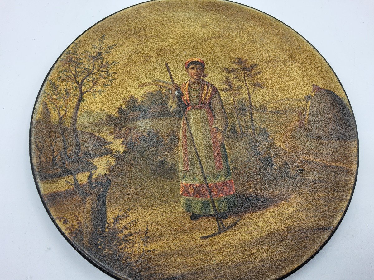 XIX Century Russian Lacquer Vyshniakov Plate Depicts Female In A Traditional Dress-photo-1