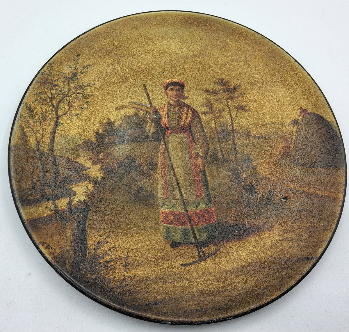 XIX Century Russian Lacquer Vyshniakov Plate Depicts Female In A Traditional Dress