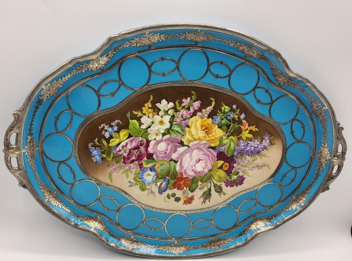 Very Rare Sèvres Style Porcelain Tray Silver Inlaid Hand Painted, Perfect-photo-4