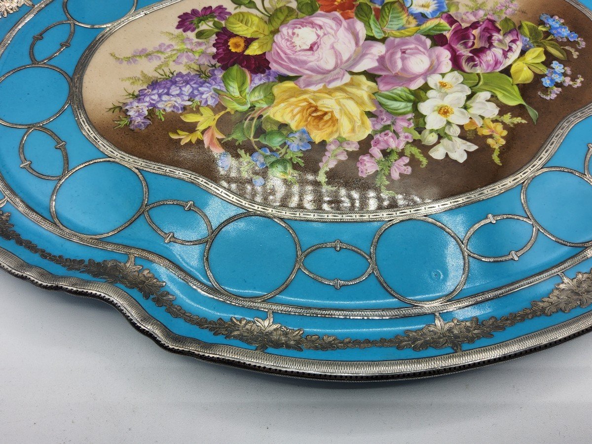 Very Rare Sèvres Style Porcelain Tray Silver Inlaid Hand Painted, Perfect-photo-1