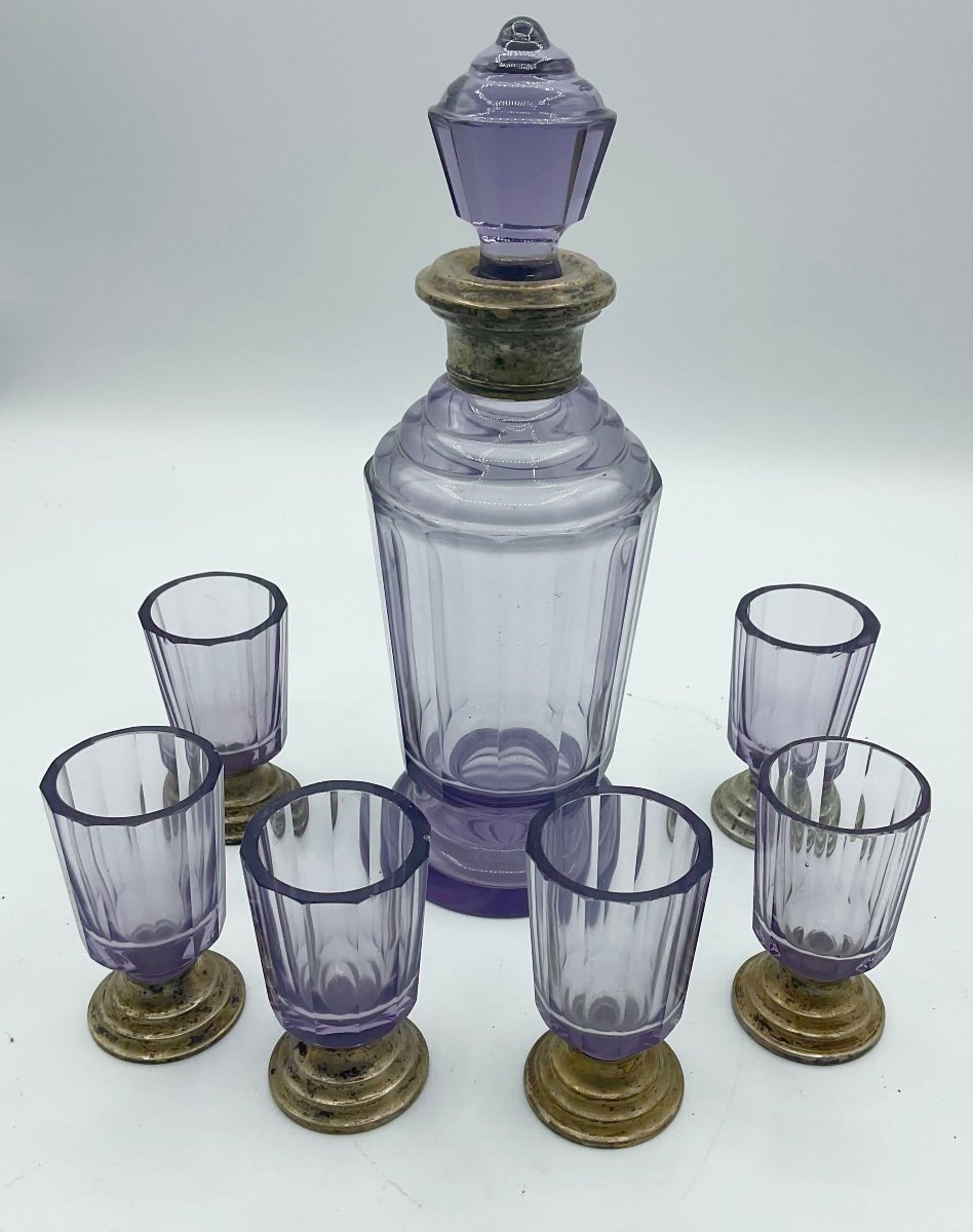Antique Moser Glass Liquor Set In Amethyst Color Silver Mounted-photo-3