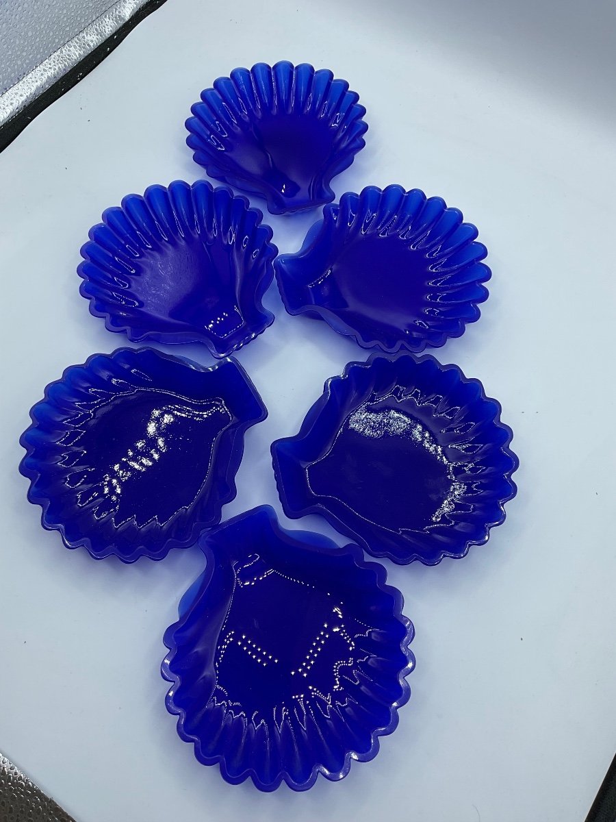 Plats En Forme De Coquille En Verre Opaline De Murano, Lot De 6 En Saphir Blue,très Rare!-photo-4