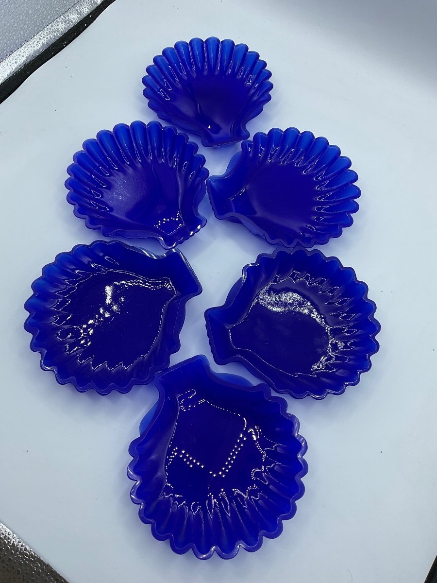 Plats En Forme De Coquille En Verre Opaline De Murano, Lot De 6 En Saphir Blue,très Rare!-photo-1