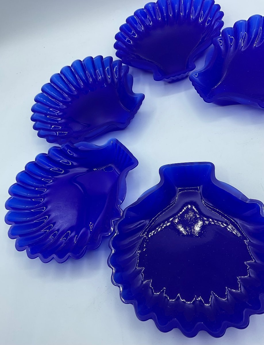 Plats En Forme De Coquille En Verre Opaline De Murano, Lot De 6 En Saphir Blue,très Rare!-photo-2