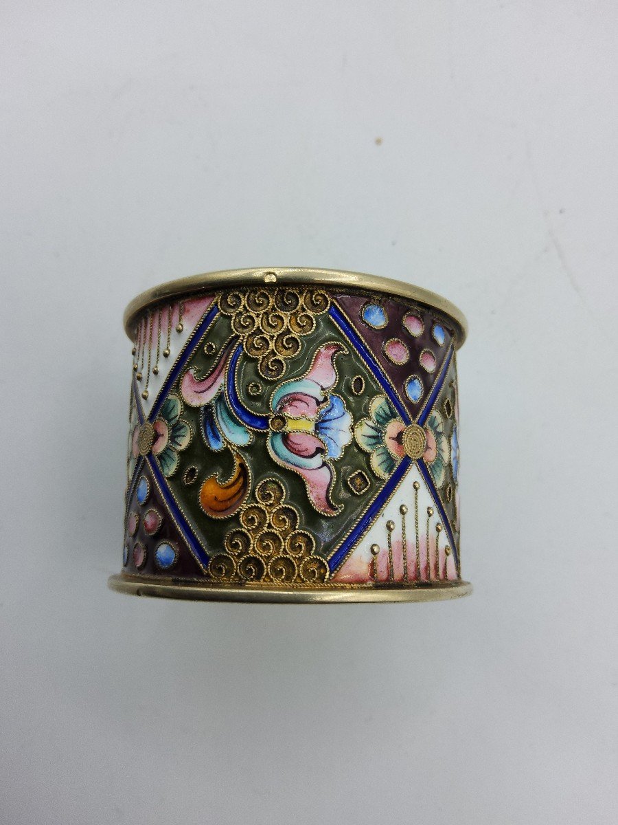 Russian Imperial Silver Enamel Napkin Ring Champleve Enamel,floral Ornament.-photo-4