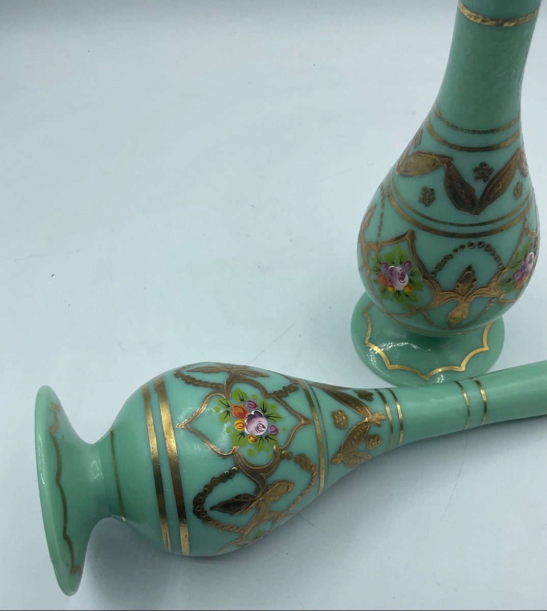 Pair Of Antique Opaline Glass Bottles,rose Water Sprinkler For Ottoman Market-photo-3