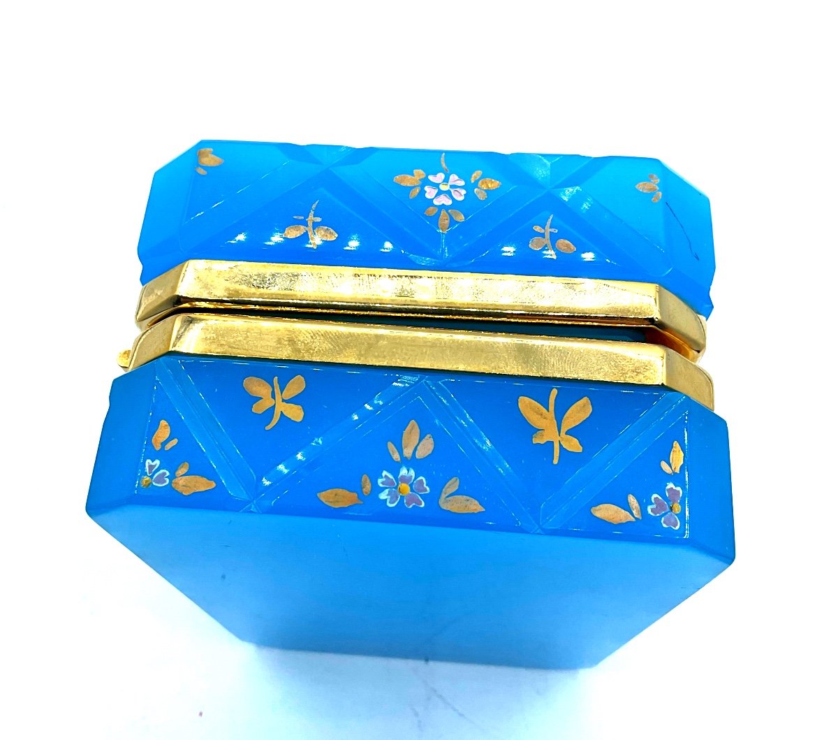 Boîte En Verre Opaline Bleu Turquoise Avec Petites Fleurs Peintes, Forme Rectangulaire-photo-1