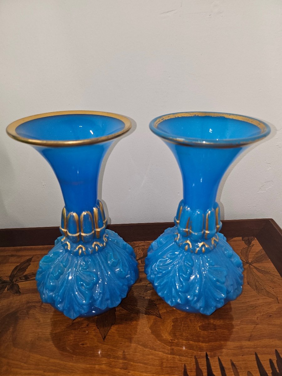 Paire De Vases En Verre De Baccarat Opaline  Bleu à Décor En Relief, Très Rare,xixème -photo-5