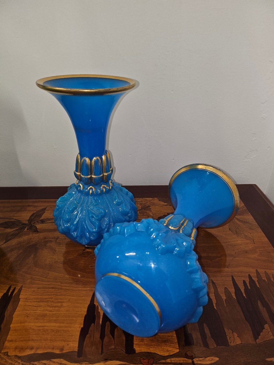 Paire De Vases En Verre De Baccarat Opaline  Bleu à Décor En Relief, Très Rare,xixème -photo-6