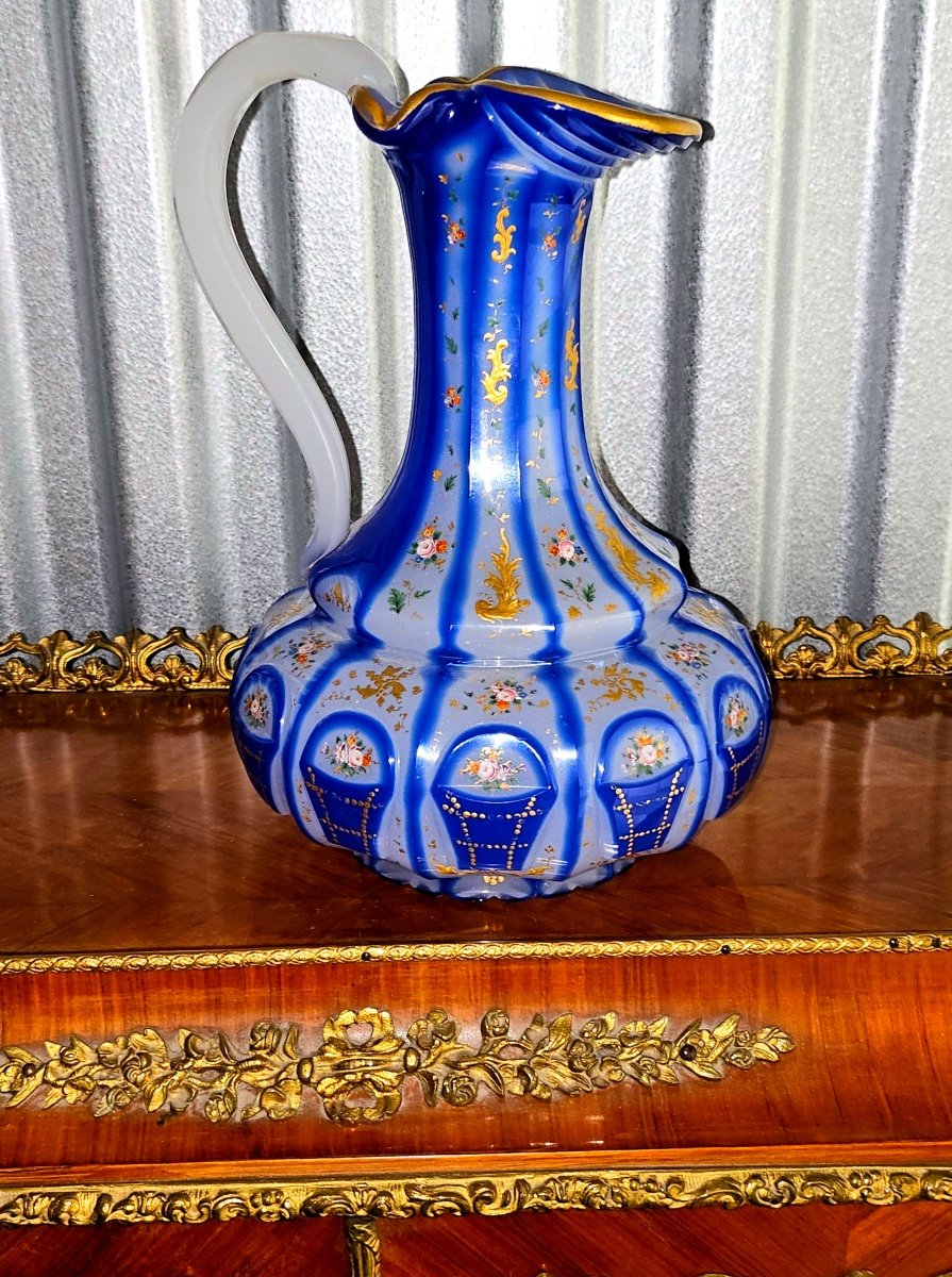 Magnificent Bohemian Double Overlay Glass Ever,barfstsn Glass Jug Unusual Shape,enamel 