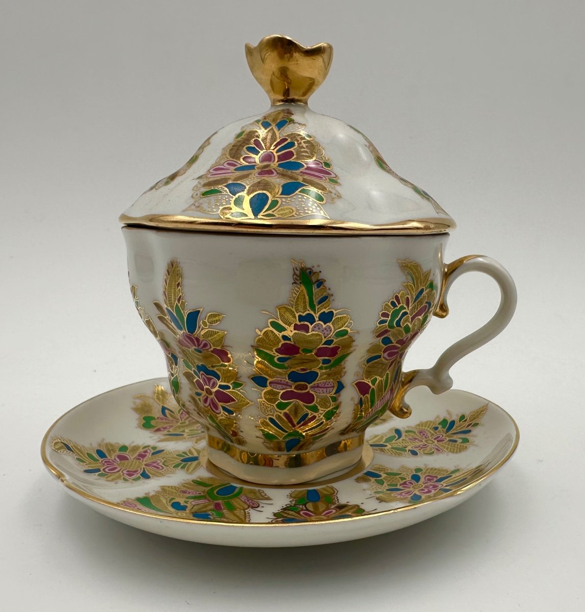Grande Tasse à Couvercle Avec Soucoupe, Lomonosov, St. Petersbourg, 20ème Siècle, Décoration Fa