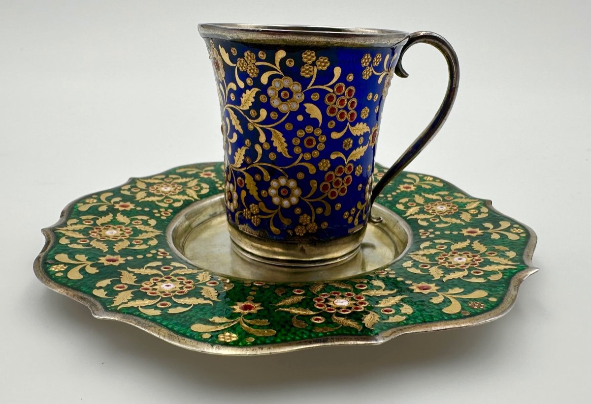 Tasse et sa soucoupe, Russie Impériale En Argent Et En émail-photo-8